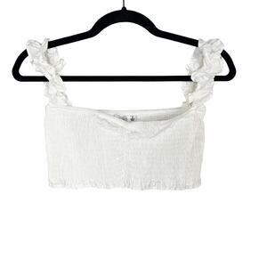 Chicways Small S White Smocked Cropped Bra Tank Top Ruffled Straps Ruched